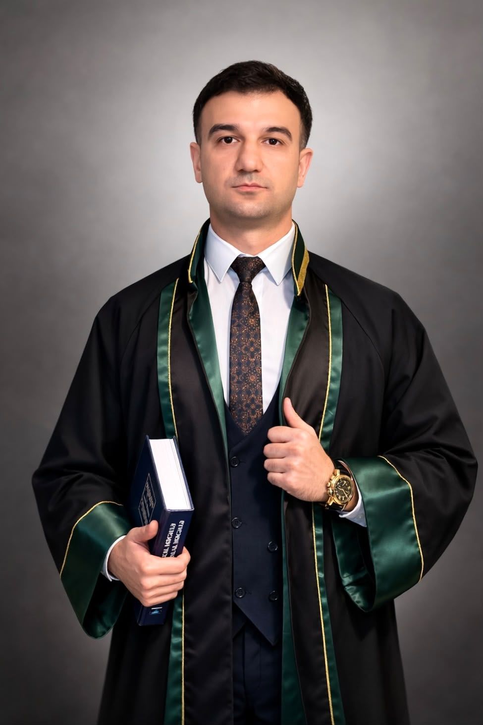 Vəkil Amid Əsgərov vəkil mantiyasında